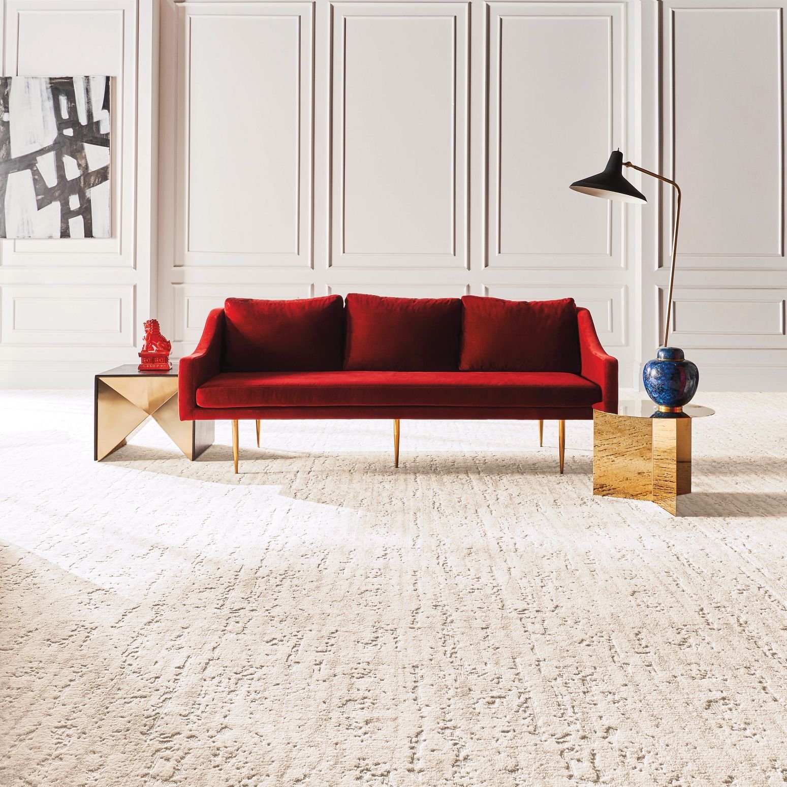 red sofa on carpet - bobbiejoes